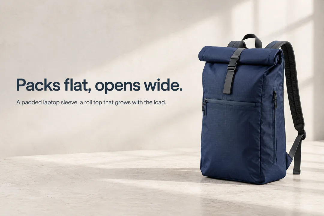 A navy roll top backpack standing on a pale stone surface in soft window light, with the headline Packs flat, opens wide. and one line about a padded laptop sleeve set on the left.