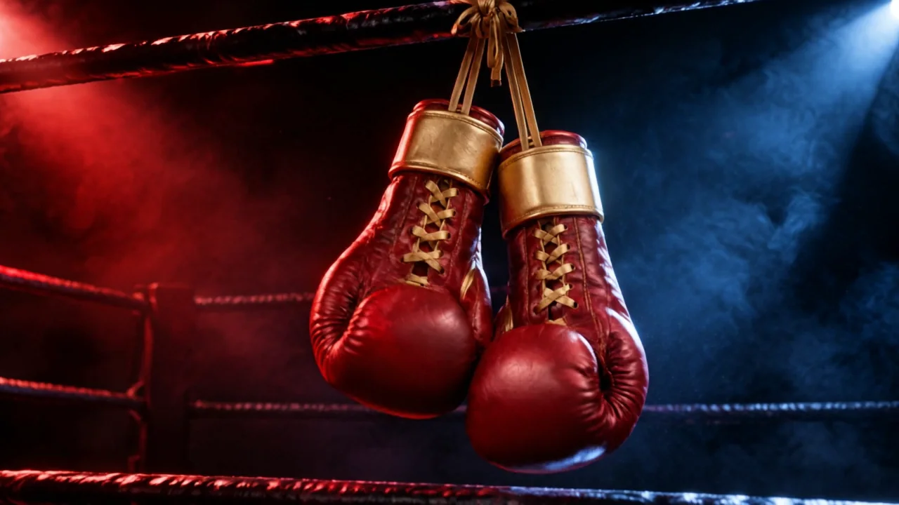 The gloves swaying gently on the rope while haze drifts through red and blue light and the camera eases in