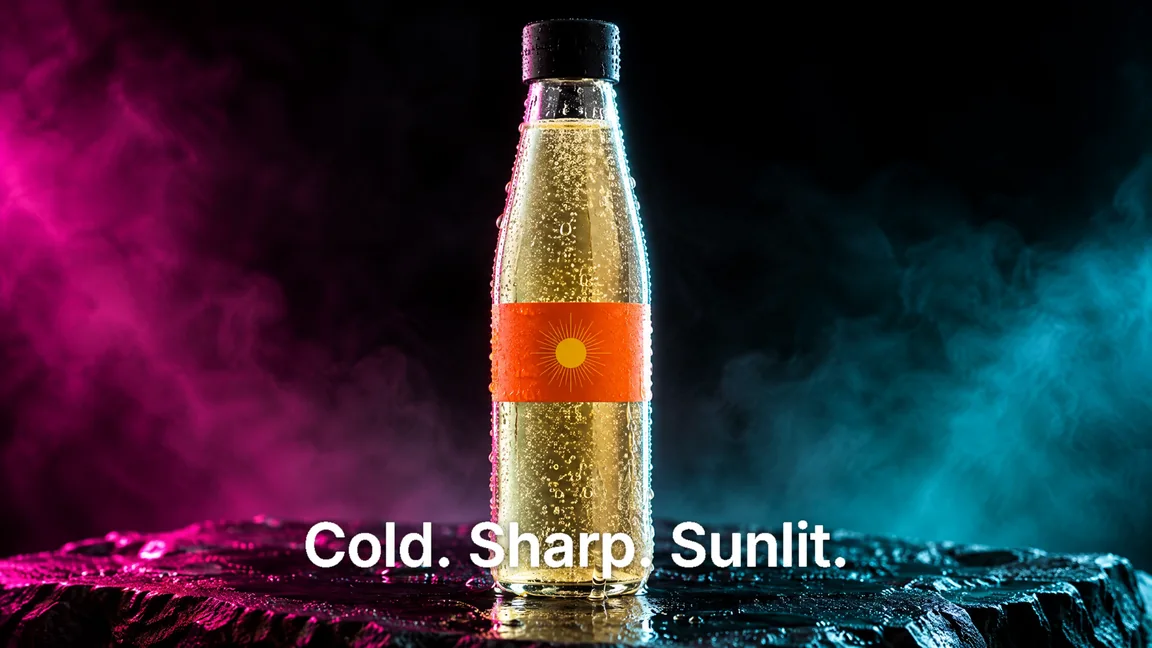 The finished 20 second ad: the hero, the pour, the macro, the bottle again, then the still with the typed line Cold. Sharp. Sunlit.