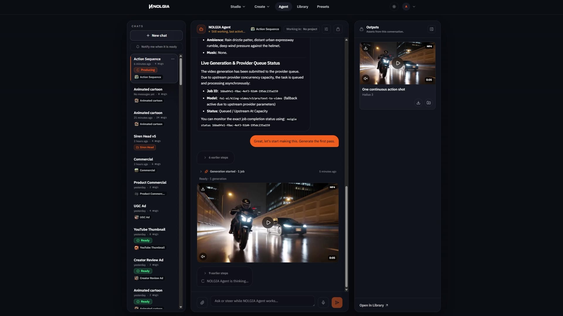 The NOLGIA Agent mid run: the chats rail on the left, the plan and live generation queue in the center transcript with a clip playing, and the finished clips filling the Outputs dock on the right.