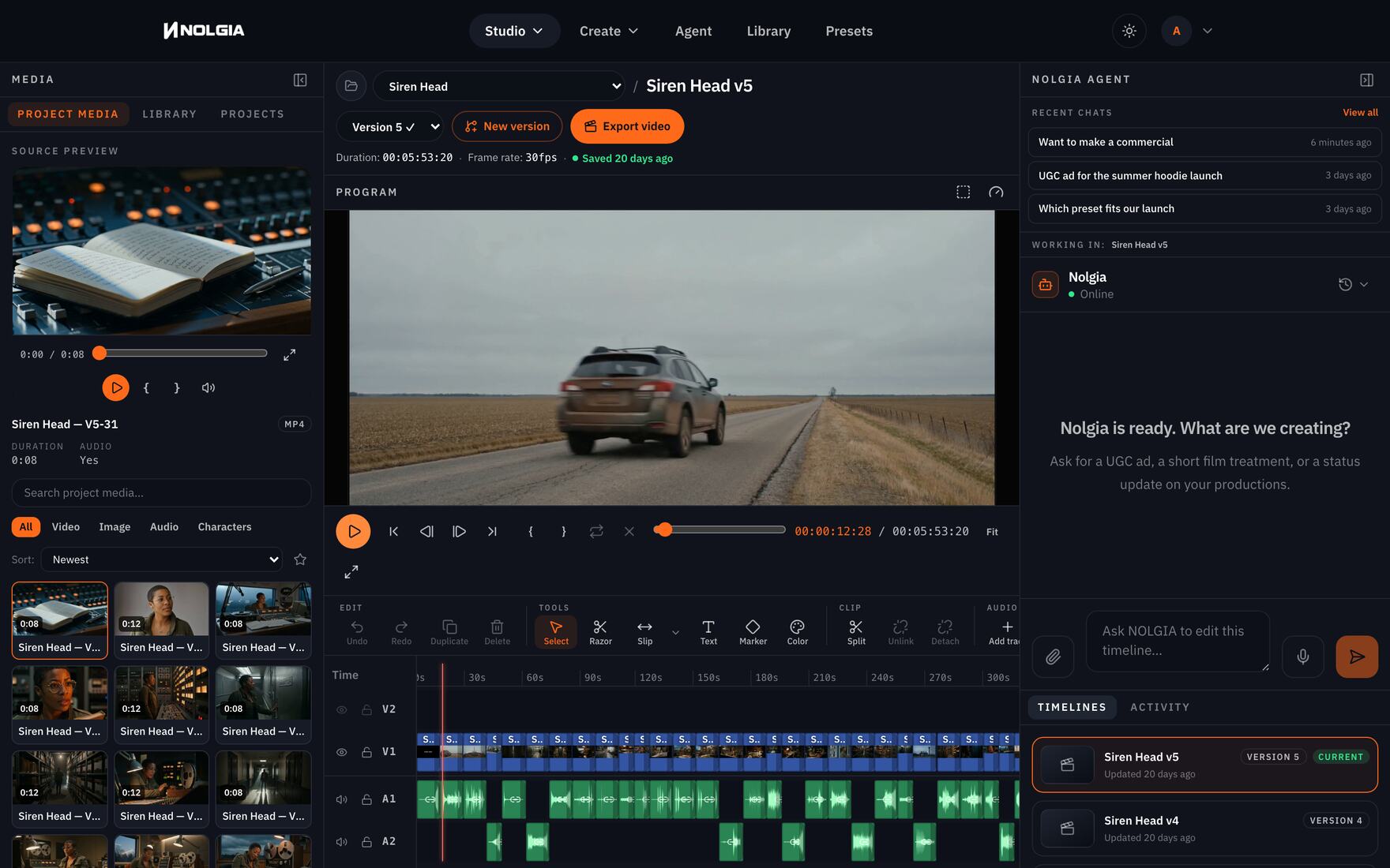 The NOLGIA Agent docked inside the Studio timeline editor: recent conversations and the agent panel on the right, a program monitor playing the cut, and a multi-track timeline of video and audio clips below.