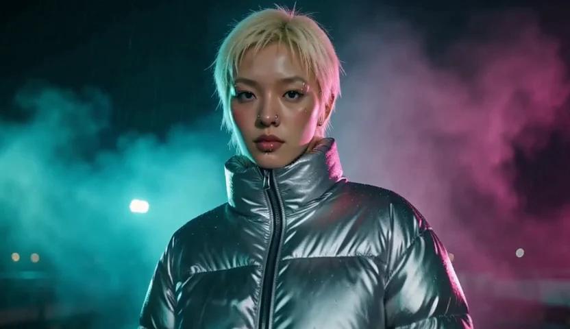 The woman in the silver puffer on the rooftop in rain, the camera pushing in slowly as she turns her head to the lens, at the draft resolution the agent chose