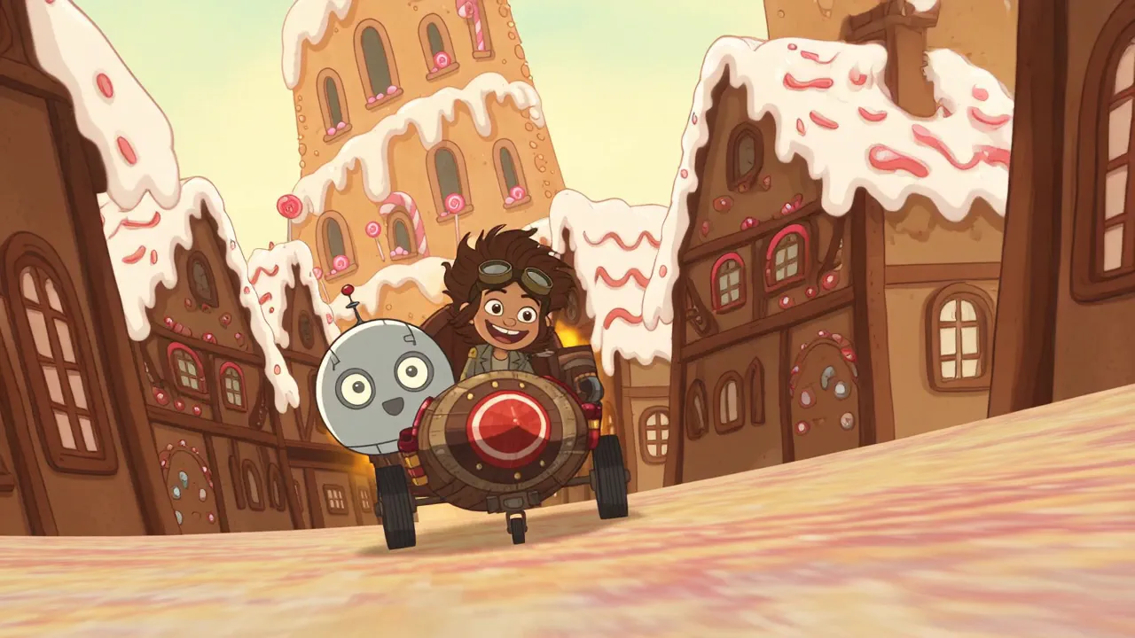 A cartoon inventor in goggles and a round grey robot ride a rocket-cart towards the camera down a street of gingerbread houses dripping with icing.