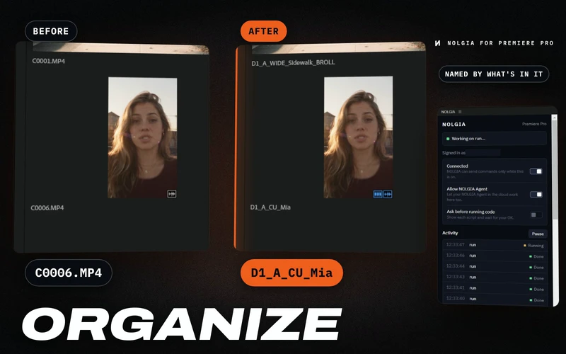 Organize : le même clip issu d'une carte caméra, affiché deux fois dans le panneau Projet de Premiere Pro, avant sous le nom C0006.MP4 et après sous le nom D1_A_CU_Mia, le nom donné par l'agent selon son contenu, avec le panneau NOLGIA à côté. Mia est le nom que nous avons donné au personnage.