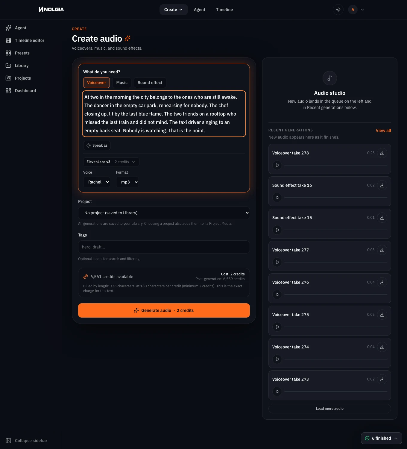The audio composer with Voiceover selected, the 66 word script in the prompt box, ElevenLabs v3 chosen and the price on the Generate button