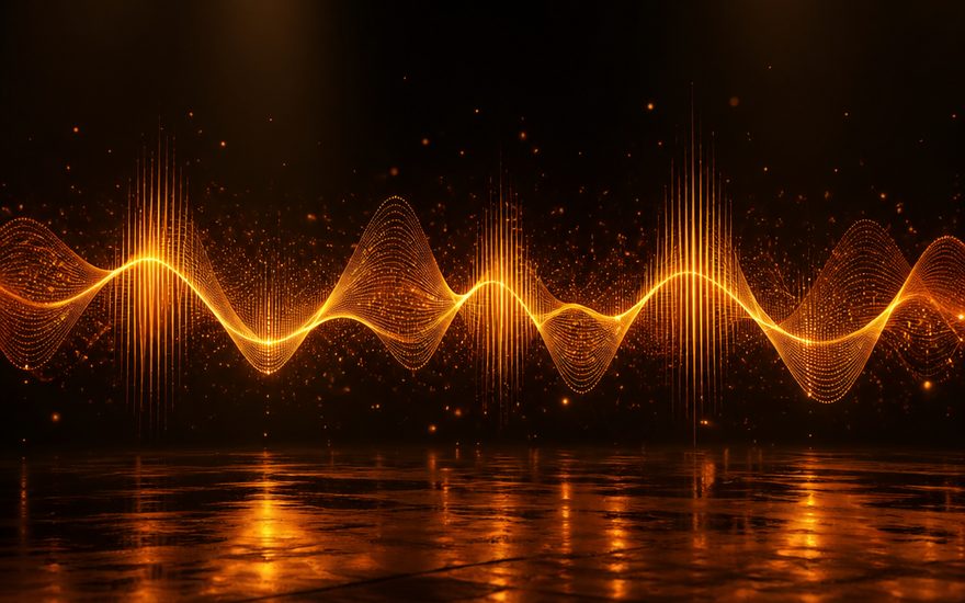 Generated visual of a glowing amber audio waveform rippling across a dark studio.