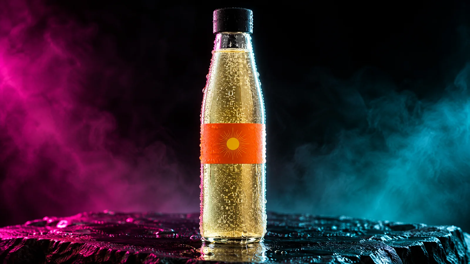 A slim clear bottle of pale gold sparkling tonic with a black cap and an orange band bearing a small sun mark, covered in condensation, standing on wet black slate with magenta haze on the left and teal haze on the right