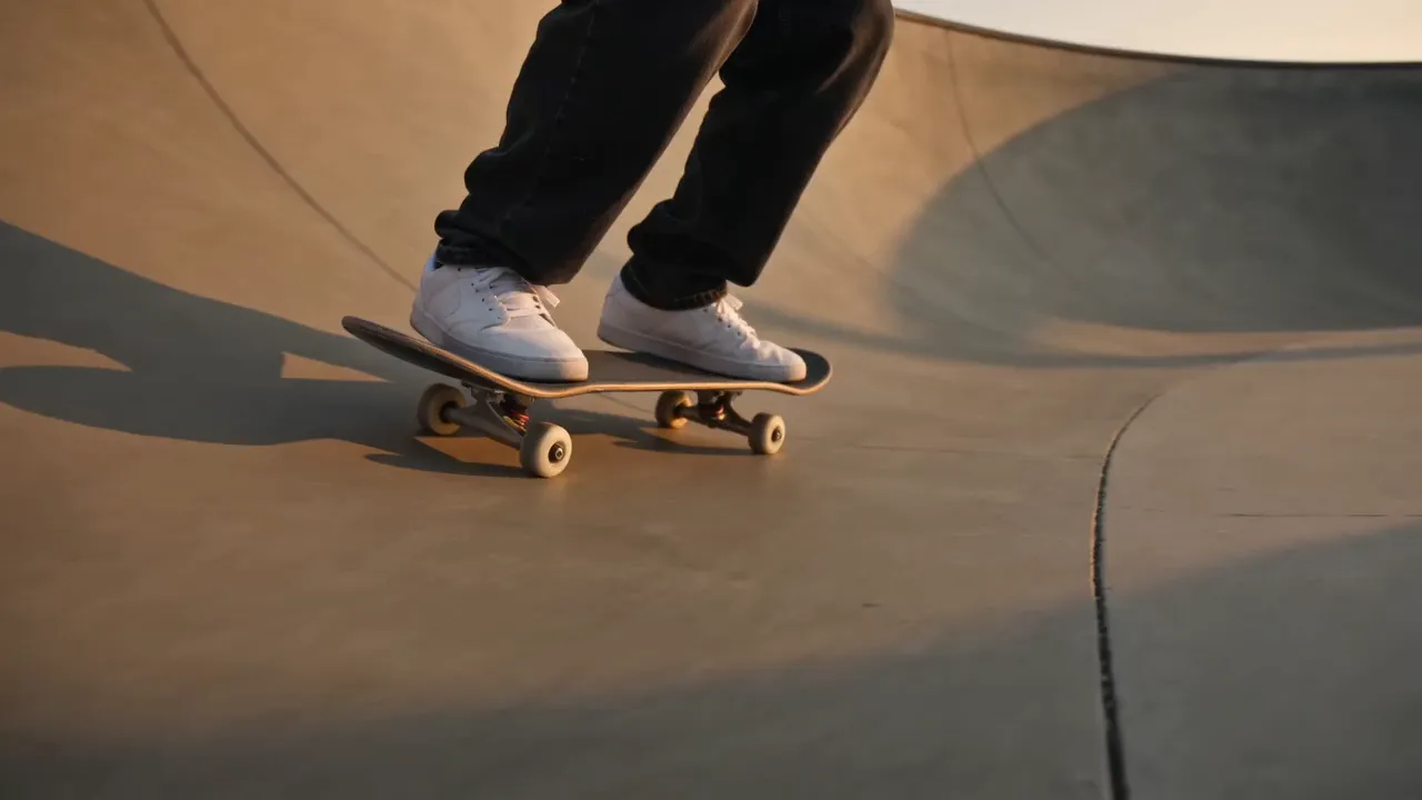 Source frame: a curved concrete bowl wall rising behind the skater
