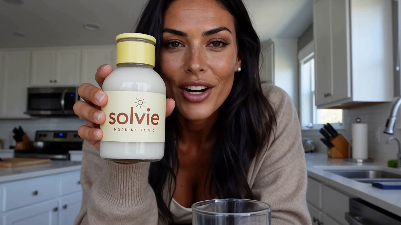 One brand host across three scenes: a kitchen morning with the SOLVIE tonic, a golden hour car, a blue hour street, the same face throughout
