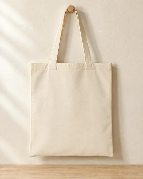 A blank cream canvas tote hanging from a wooden peg against a warm cream wall, lit by soft window light, above a pale wooden shelf.