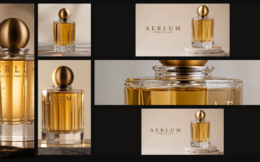 The AERLUM fragrance across every format in one run: a story, a post, a banner, a poster, a billboard and a header.