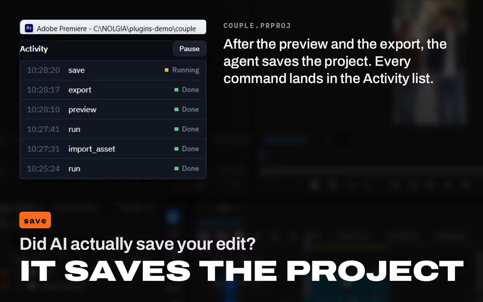 Did AI actually save your edit? It saves the project: Premiere Pro's title bar for couple and the panel's Activity list with save after preview and export.