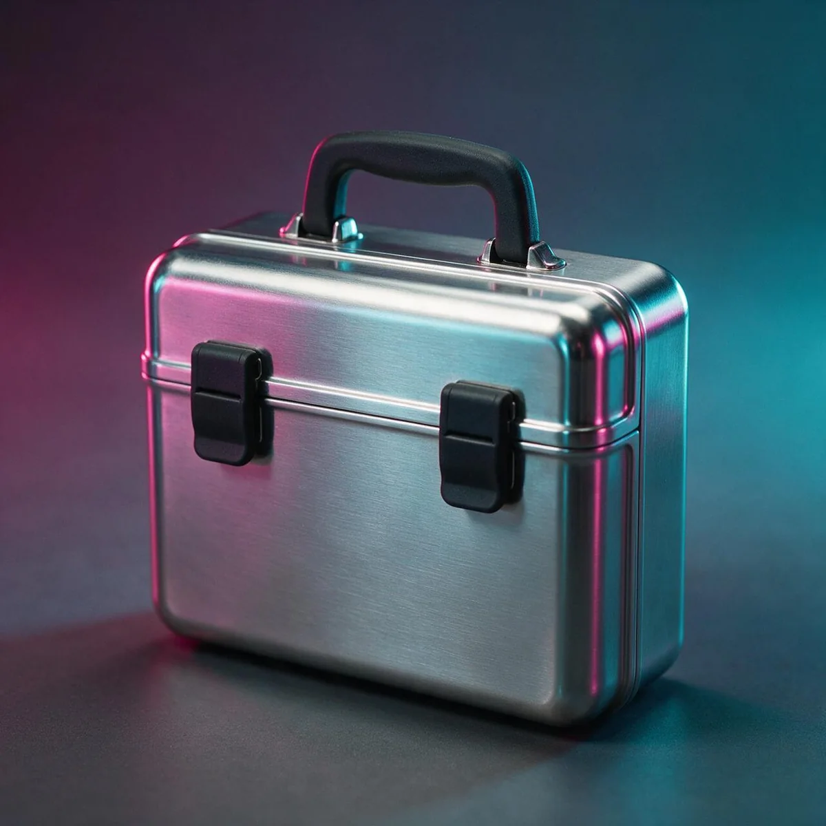 The prop's reference: a small brushed-chrome hard-shell case with a black handle and two black latches