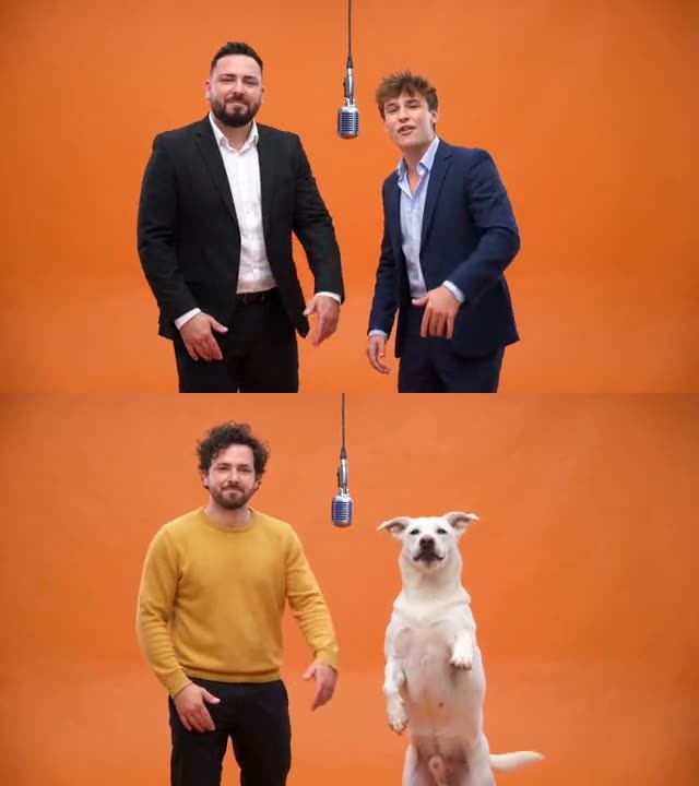 A man and his dog take over a two-person performance: same mic, same set, same beats.