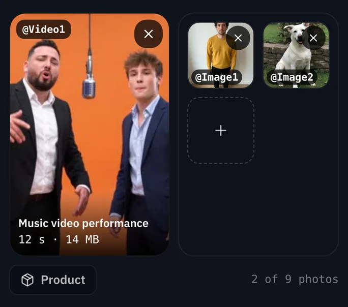 The composer on a phone: the clip beside the cast tile, with the photo of the man tagged @Image1 and the photo of the dog tagged @Image2
