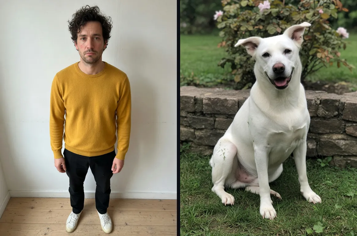 Two photos side by side: a man with curly dark hair in a mustard sweater, black trousers and white sneakers against a white wall, and a white dog sitting on grass in front of a low stone wall