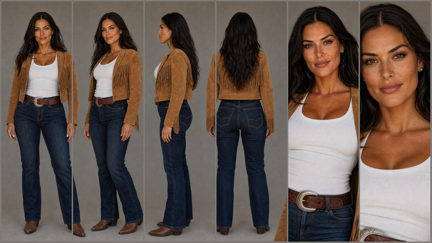 A complete character sheet: full body, three quarter, side profile, back, medium and close up, the same face across every view.