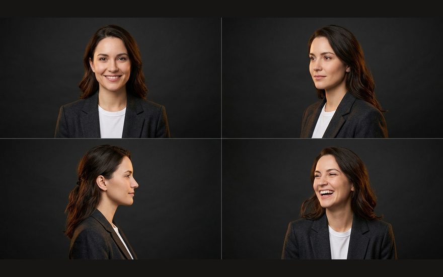 Generated character reference sheet showing the same woman from four angles in a two by two grid.
