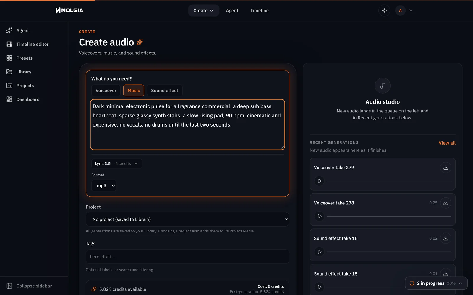 The audio composer on the Music task with the track description typed, Lyria 3.5 as the model and the Generate audio button showing the flat price