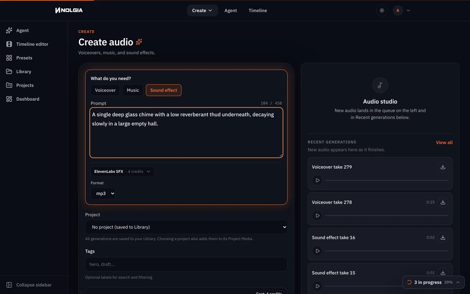 The audio composer on the Sound effect task with the chime described, ElevenLabs SFX as the model and the Generate audio button showing the flat price
