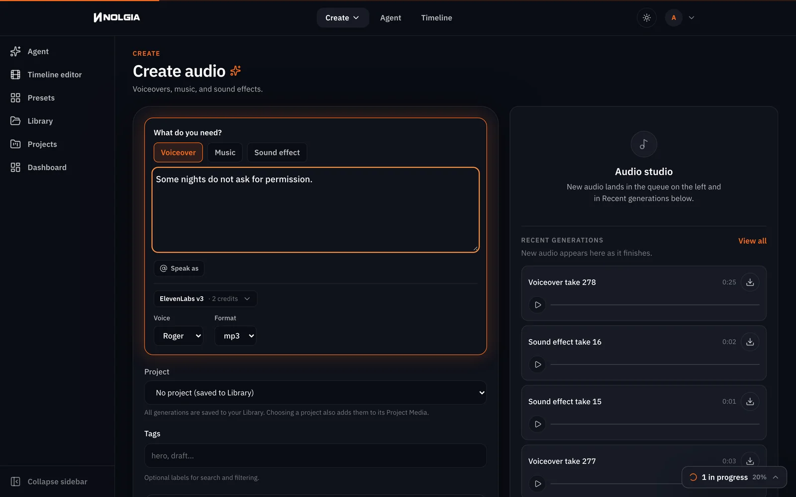 The audio composer with Voiceover selected, the script typed in the prompt box, ElevenLabs v3 as the model, the Voice select on Roger, mp3 as the format, and the Generate audio button showing the live price