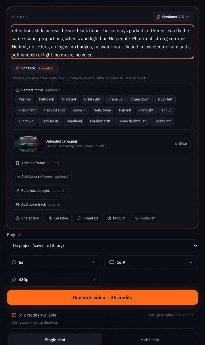 The video console on a desktop: the graphite design still attached as the start frame, Seedance 2.5, 6 s, 480p, Audio Off, and the Generate button showing the live price