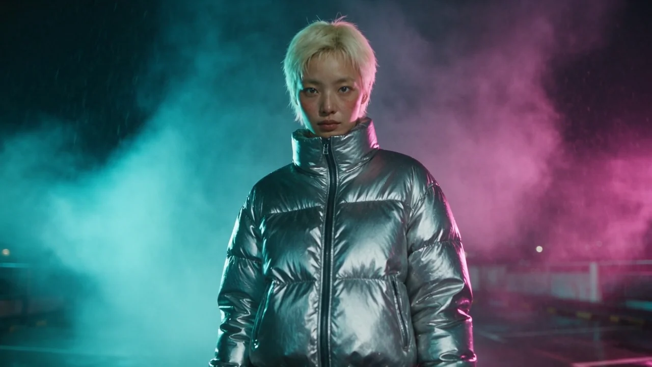 The woman in the silver puffer on the rain-soaked rooftop, haze rolling through cyan and magenta light, the camera pushing in as she turns her eyes to the lens