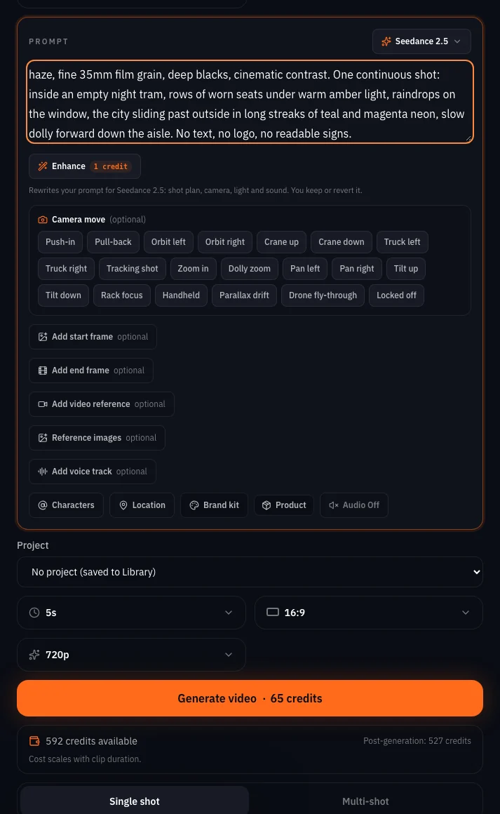 The video composer with Seedance 2.5 selected, the look sentence and the tram interior shot typed in the prompt, Audio Off, the chips 5s, 16:9 and 720p, and the Generate button showing the live price