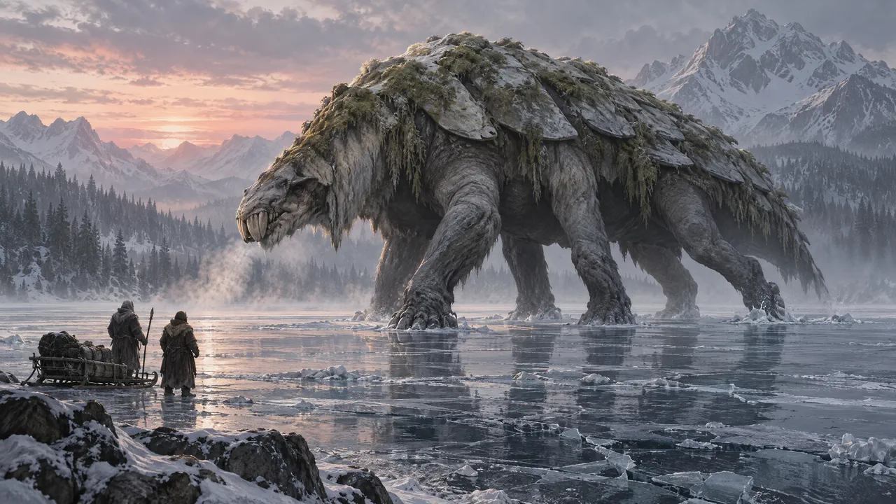 A painted key frame: a house-sized six-legged beast with moss-covered armour plates crosses a frozen lake at dawn, two hooded figures and a sledge tiny in the foreground