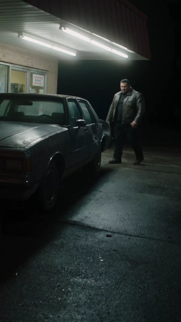 Night outside a convenience store under a fluorescent canopy: a heavy man in a leather jacket kicks the driver's door of an old sedan, the picture drops almost to black for a moment, then he looks at the door and walks off