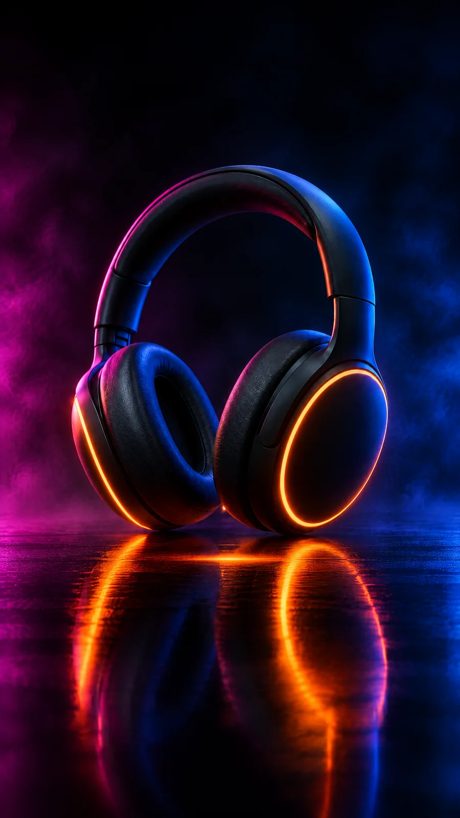 The headphones standing on a wet floor with orange ring reflections, magenta haze left and blue haze right, vertical