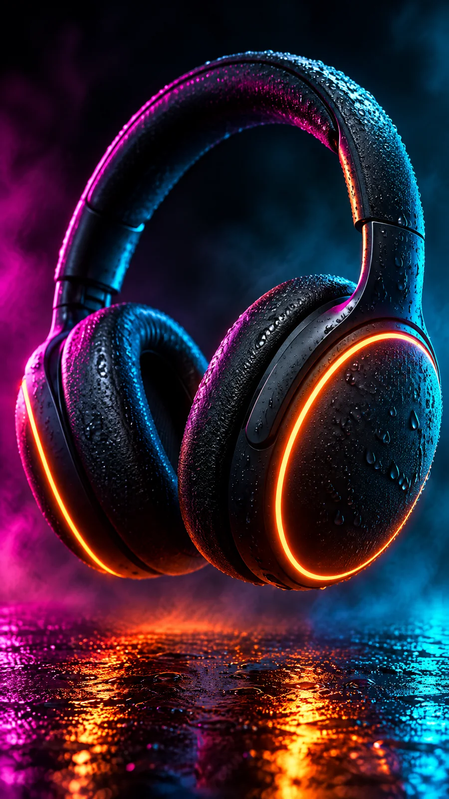 Close-up of the rain-beaded headphones with the orange ring glowing, vertical
