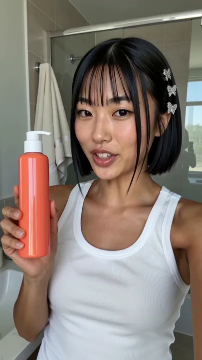 A creator in a bright bathroom holds a tall coral pump bottle beside her shoulder and talks straight to camera.