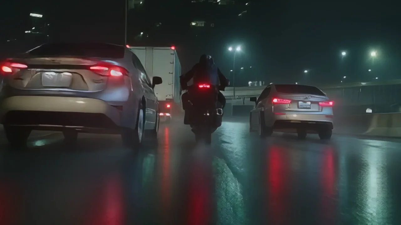 Full-size crop of the generative result: crisp, with sharp new edges on the sedan and the bike
