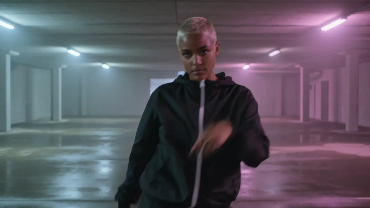A dancer in a zipped black hooded tracksuit moving alone in an empty car park under pink and cool strip lights