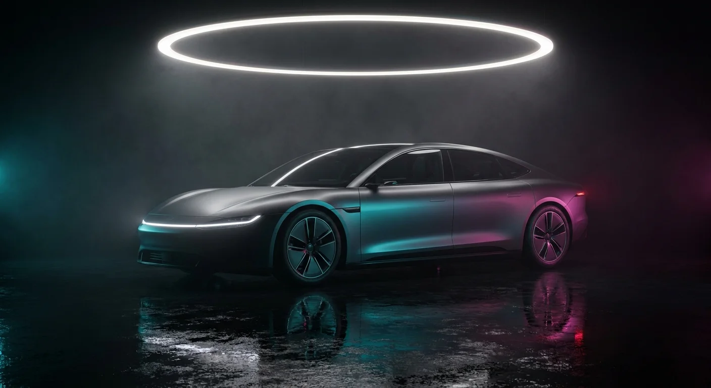 Design A: a low graphite fastback coupe with a full-width white light bar under a suspended ring light, cyan light on the left flank and magenta on the right, reflected in a wet black floor