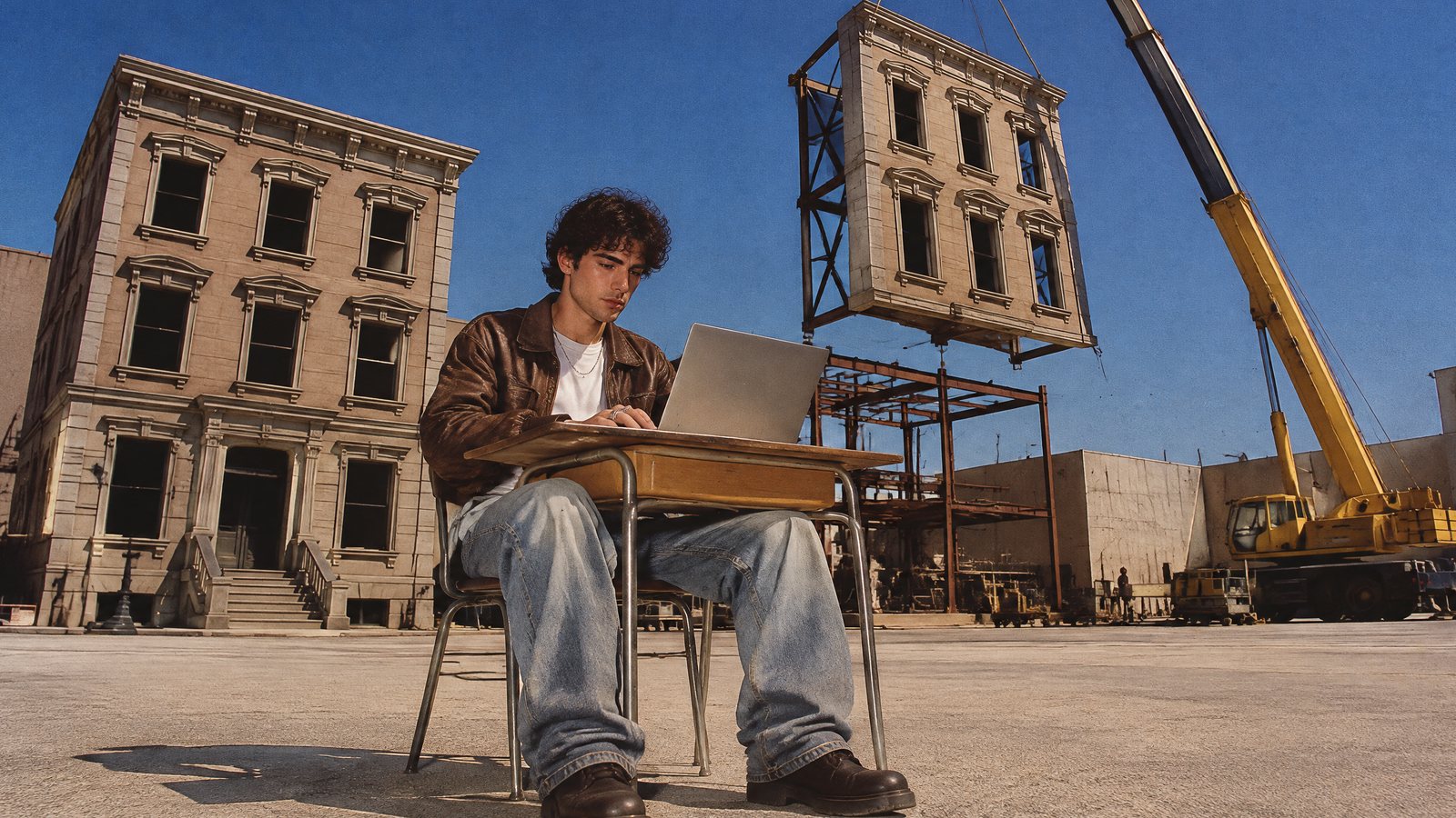 Un joven escribe en una laptop sobre un pupitre escolar en los exteriores vacíos de un estudio de cine, mientras una grúa coloca detrás de él la fachada de un edificio a tamaño real