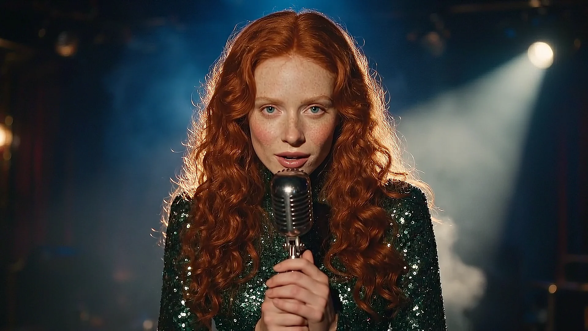 The red-haired singer at the chrome microphone leans in and speaks a short line, the spotlight beam and smoke behind her, then smiles