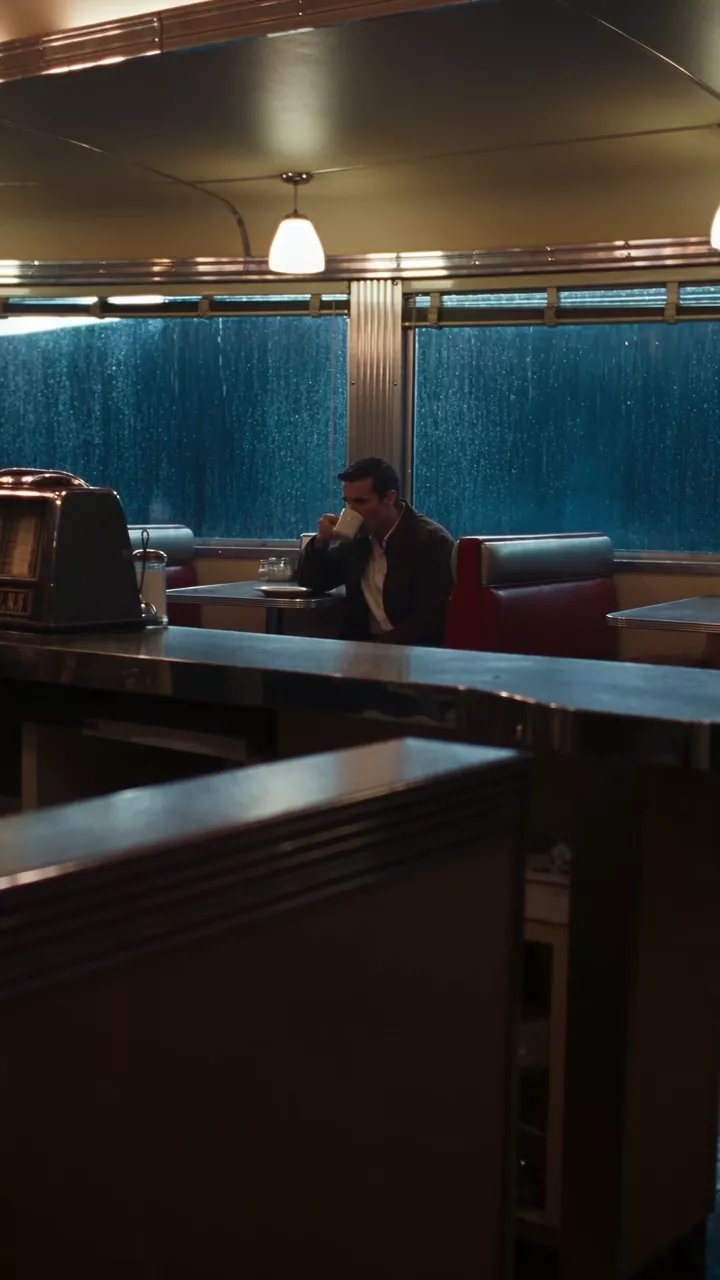 A draft: an empty diner at night with red booths and rain on the windows; a man sits in a far booth the whole clip and the camera swings once