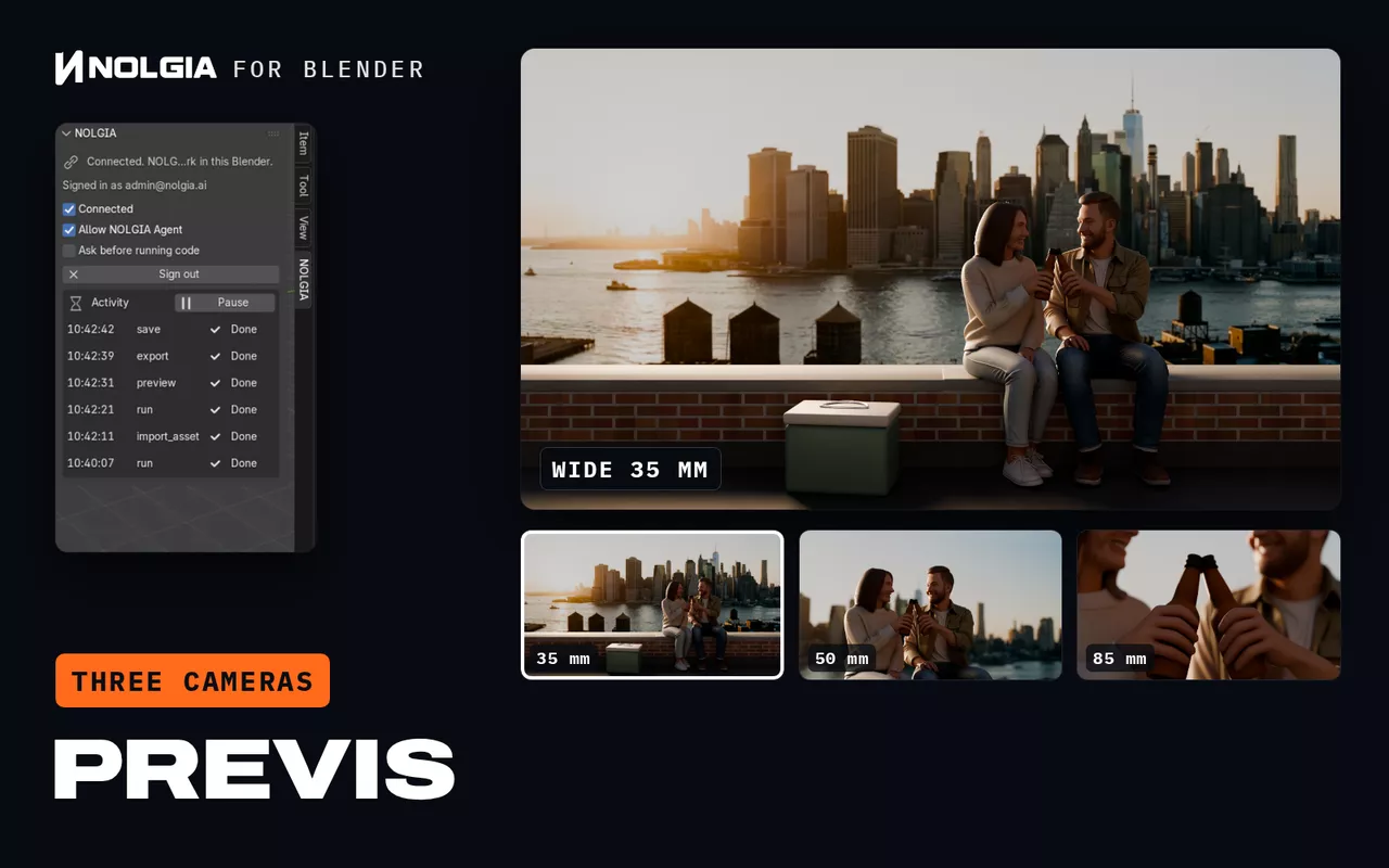 NOLGIA für Blender, Previs: Ein Briefing aus einer Zeile, ein Dach in Brooklyn zur goldenen Stunde mit einem jungen Paar, das sich einen Drink teilt, wird eingetippt, dann läuft die vom Workflow gebaute Szene durch ihre drei Kameras, Totale mit 35 mm, halbnah mit 50 mm und nah mit 85 mm.