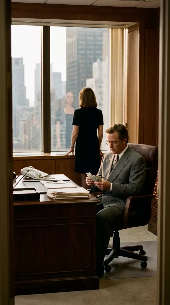 A wide shot of a Manhattan office at golden hour: the camera travels from the doorway toward a man in a grey suit counting money at his desk, a woman in a black dress at the window behind him
