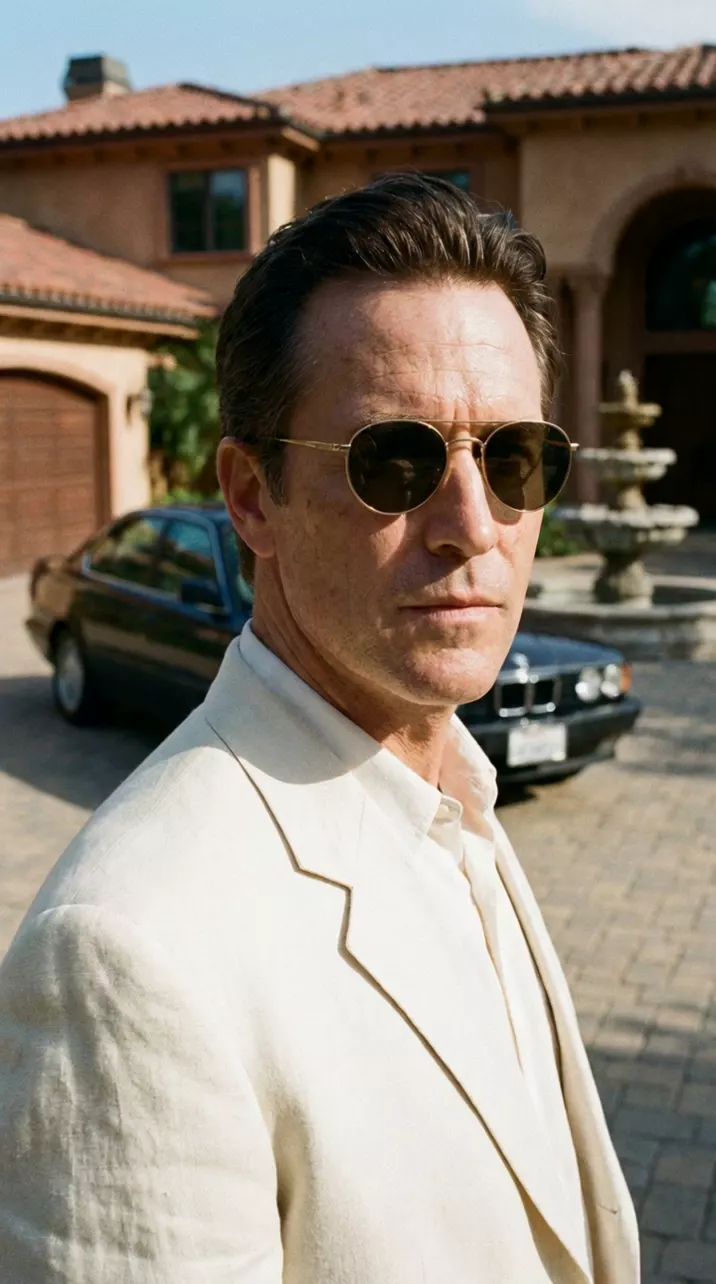 A man in a cream linen suit and sunglasses in a sunny mansion driveway: the camera starts close on his face and backs away to show a black sedan, a stone fountain and the house