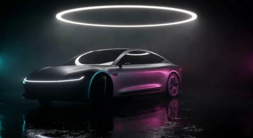 Seedance 2.5: the graphite coupe pulls forward toward the camera and turns out of frame, keeping its silhouette, wheels and light bar