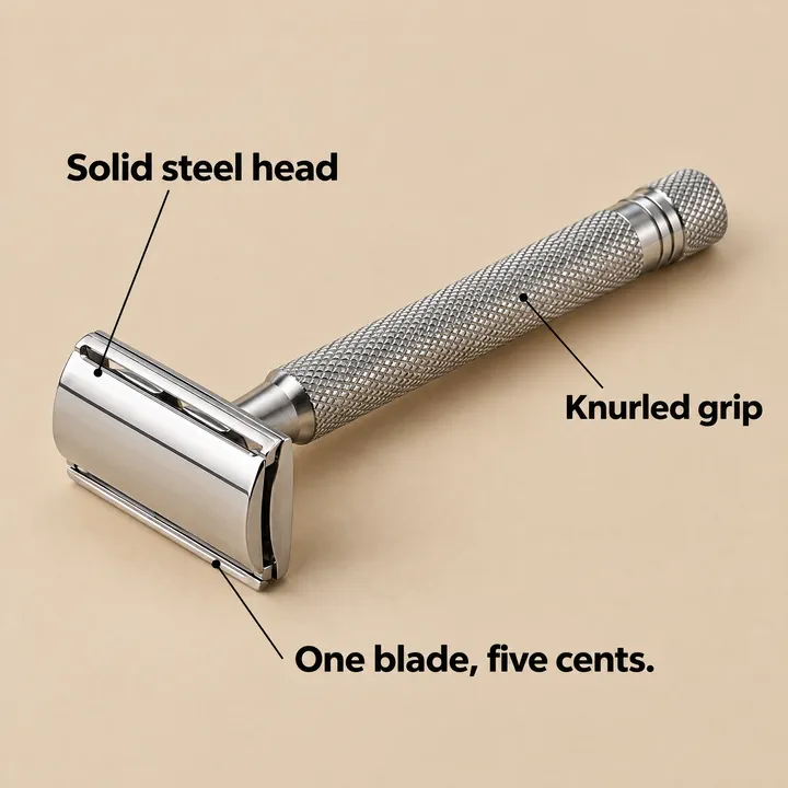 A brushed steel safety razor lying at a diagonal on a sand coloured background, with three bold labels, including Solid steel head and Knurled grip, joined to its parts by thin lines.