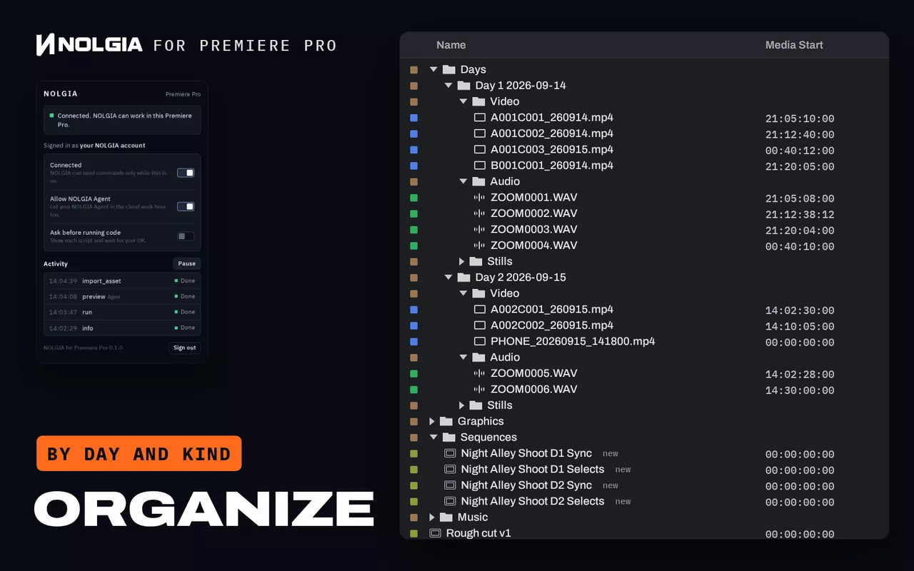 NOLGIA für Premiere Pro, Organize: Die 18 losen Elemente eines echten Projekts, Kameraclips, Ton vom Recorder, Standbilder und ein Handyclip, fliegen nach Drehtag und Art in Ablagen, neben dem Panel des Plugins, dann erscheinen neue Sequenzen für Sync und Selects.