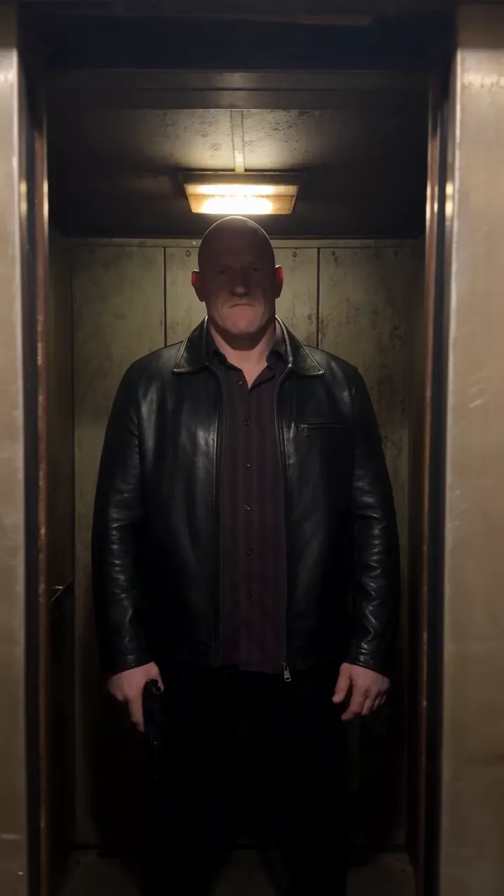 A man in a leather jacket stands in an old elevator under a dim light, raises a handgun toward the lens as the scratched metal doors slide shut, and the camera stays on the closed doors