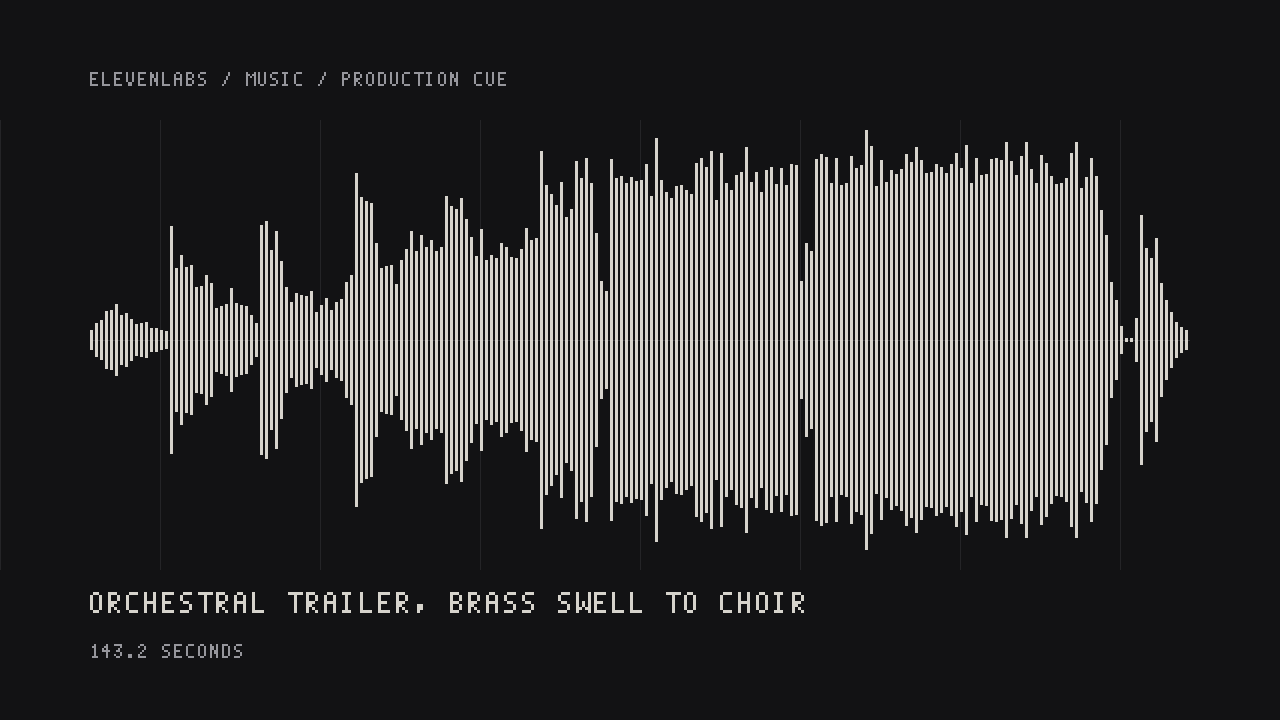 Beispiel erstellt mit ElevenLabs Music: A cinematic orchestral trailer cue: low string ostinato, a slow brass swell, timpani hits on the turnaround, building to a held chord with choir
