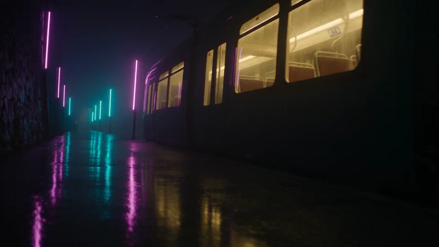 An empty night tram gliding along a wet neon-lit street past the camera, its windows glowing amber