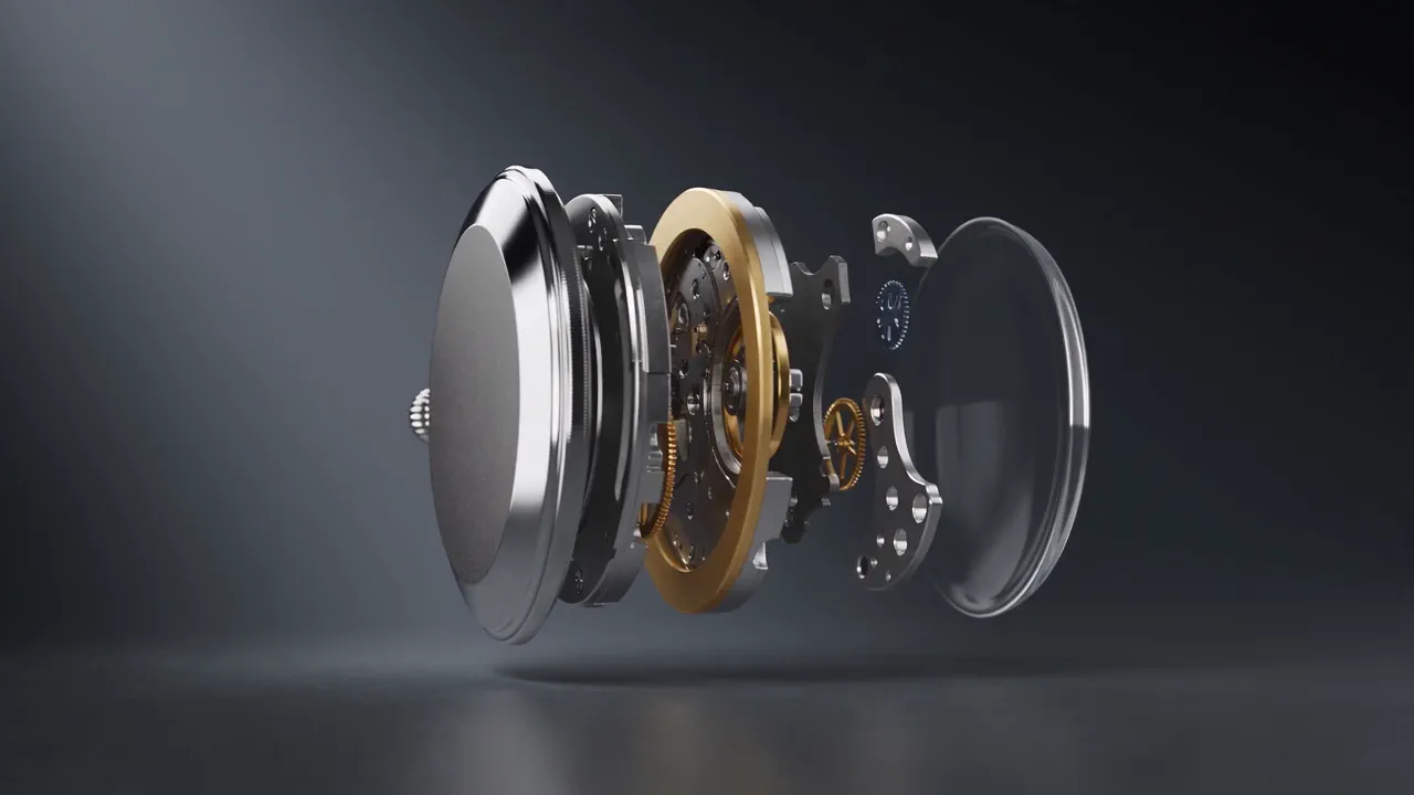 The parts of a mechanical watch movement float apart in order on a dark grey background, gilt bridges and brass gears catching a cool rim light