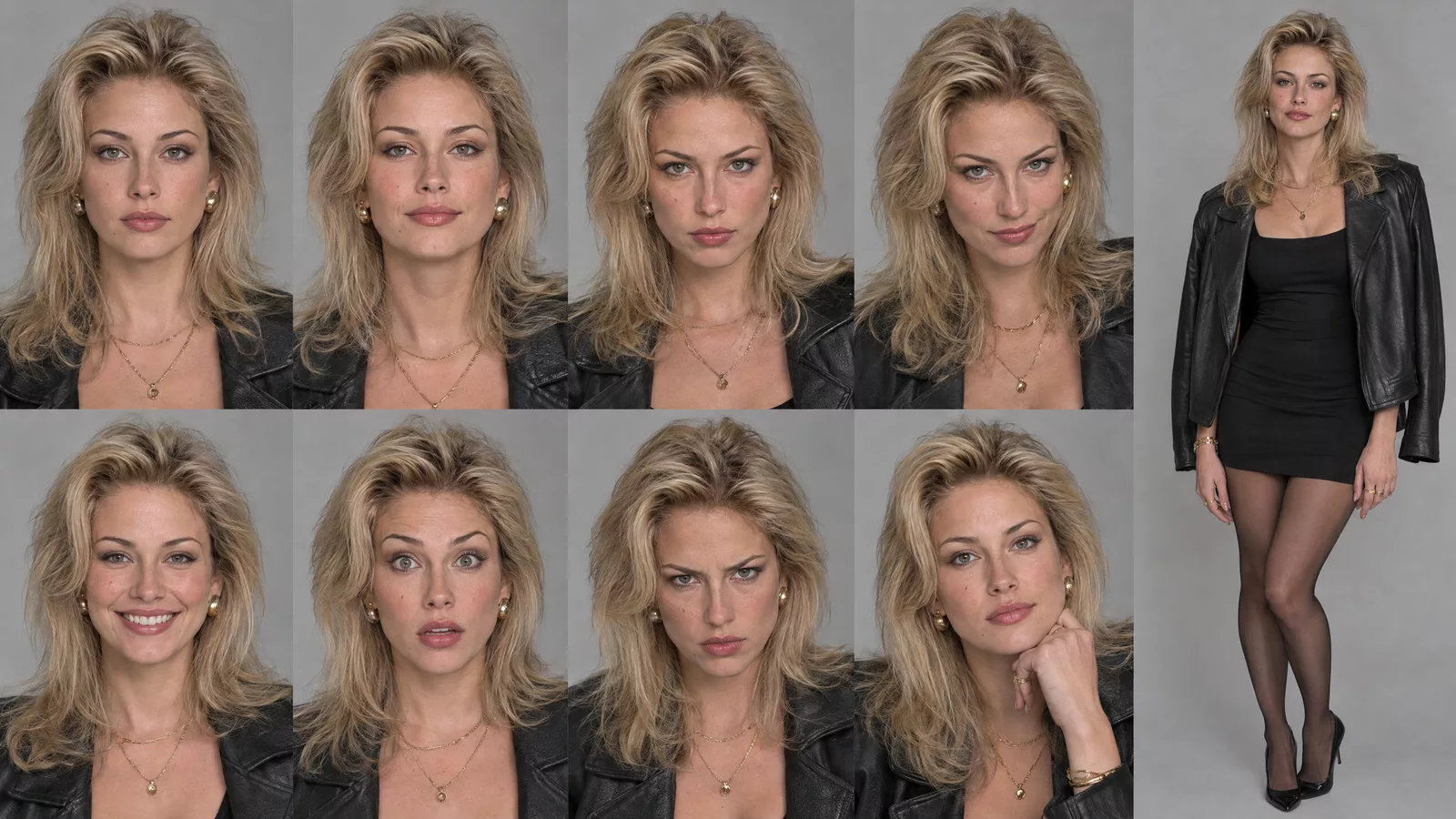 The female host's character sheet: eight portraits of one blonde woman in a black dress and leather jacket with gold jewelry, each with a different expression, and a full-length view, on a plain grey background